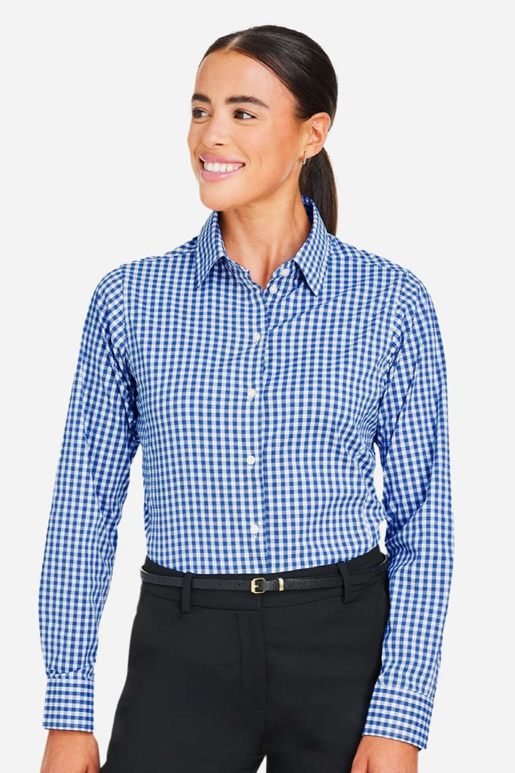 Devon & Jones DG536W Womens CrownLux Performance Gingham Long Sleeve Button Down Shirt French Blue/White Model Front