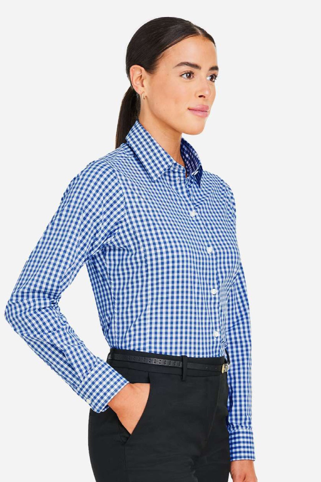 Devon & Jones DG536W Womens CrownLux Performance Gingham Long Sleeve Button Down Shirt French Blue/White Model Side