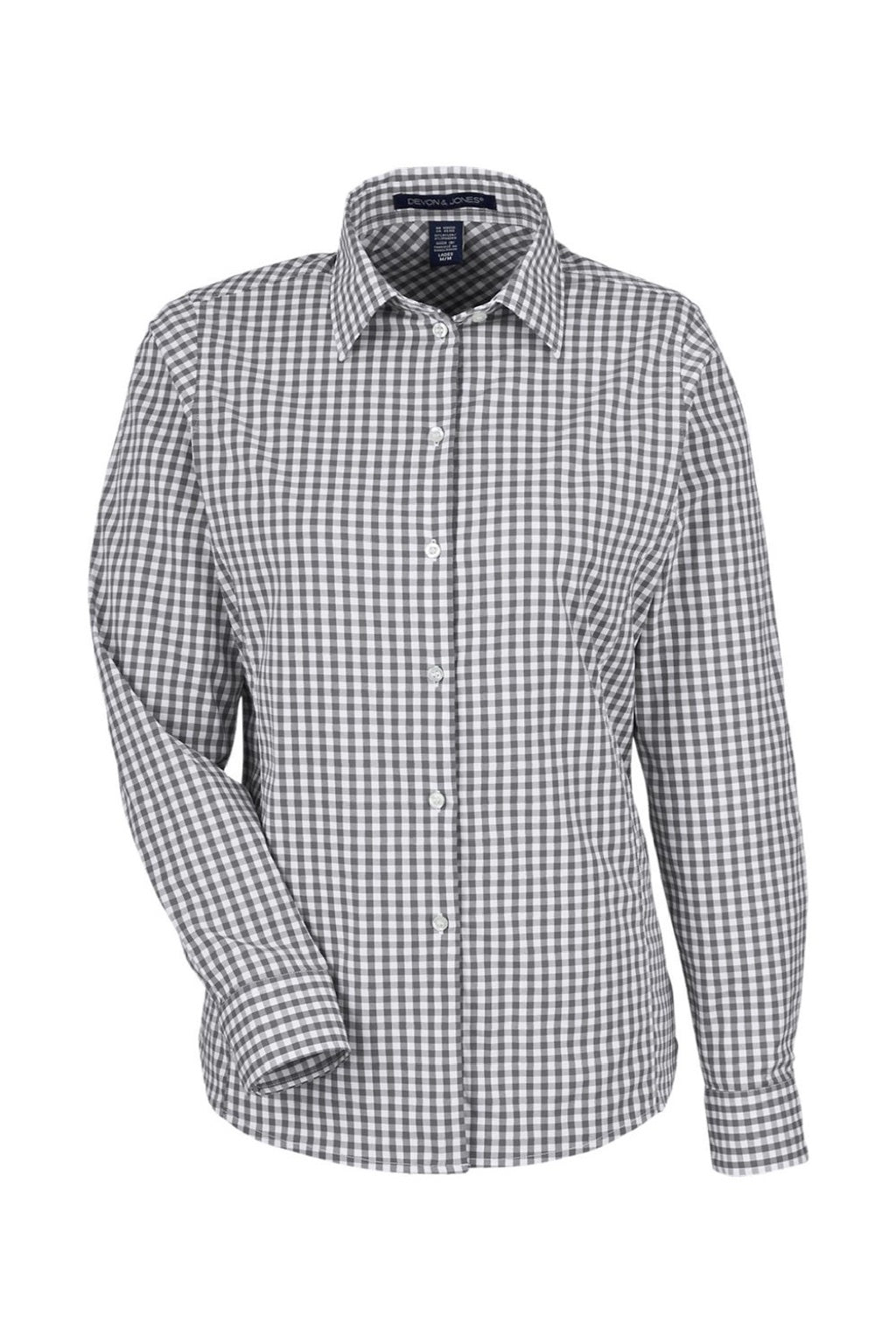 Devon & Jones DG536W Womens CrownLux Performance Gingham Long Sleeve Button Down Shirt Graphite Grey/White Flat Front