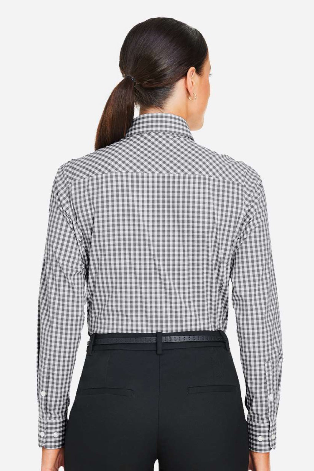 Devon & Jones DG536W Womens CrownLux Performance Gingham Long Sleeve Button Down Shirt Graphite Grey/White Model Back