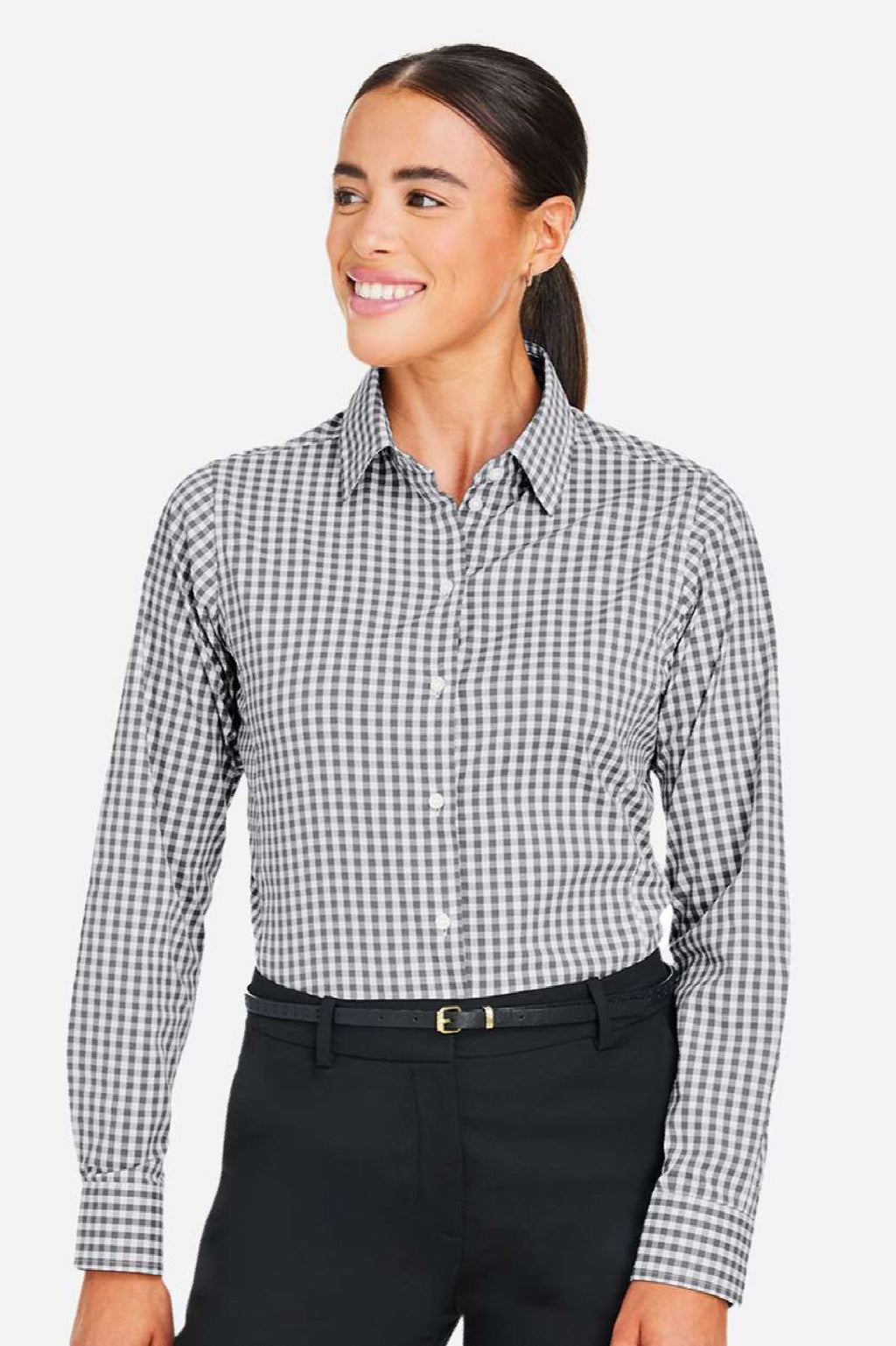 Devon & Jones DG536W Womens CrownLux Performance Gingham Long Sleeve Button Down Shirt Graphite Grey/White Model Front