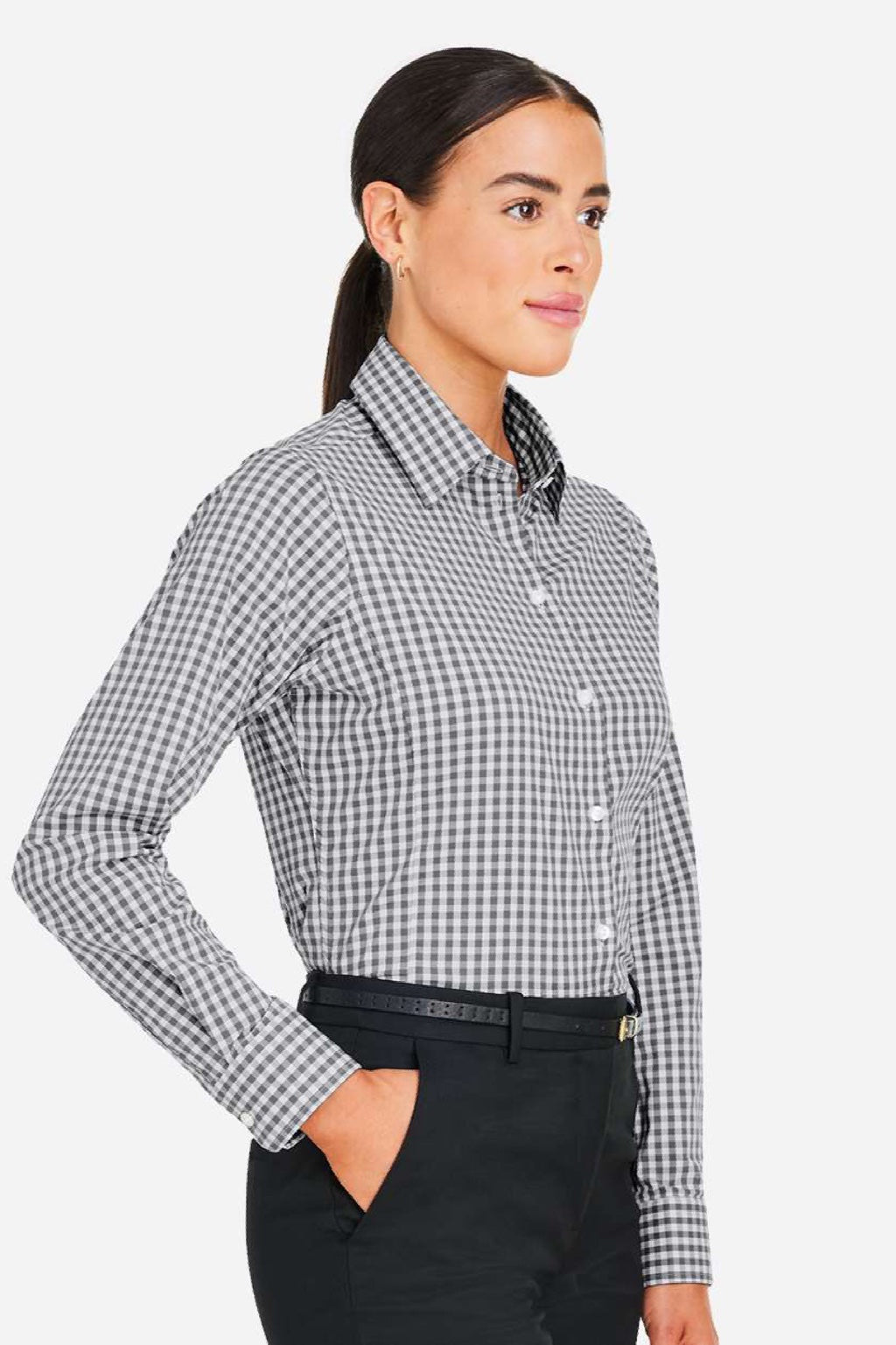 Devon & Jones DG536W Womens CrownLux Performance Gingham Long Sleeve Button Down Shirt Graphite Grey/White Model Side