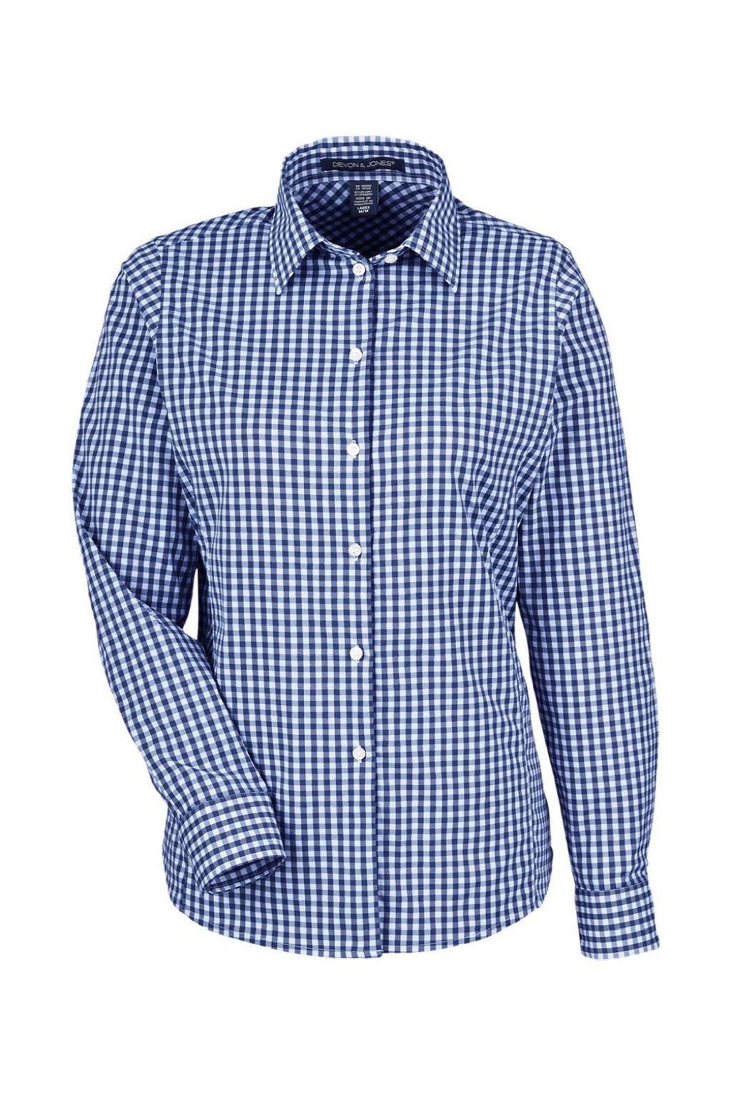 Devon & Jones DG536W Womens CrownLux Performance Gingham Long Sleeve Button Down Shirt Navy Blue/White Flat Front