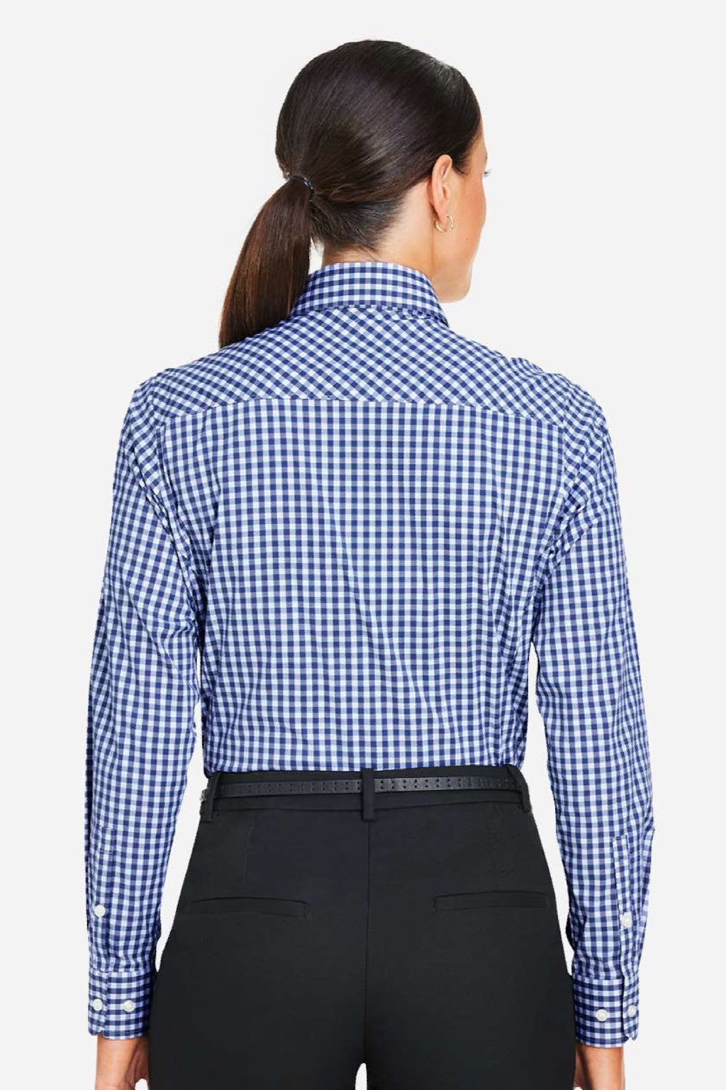 Devon & Jones DG536W Womens CrownLux Performance Gingham Long Sleeve Button Down Shirt Navy Blue/White Model Back