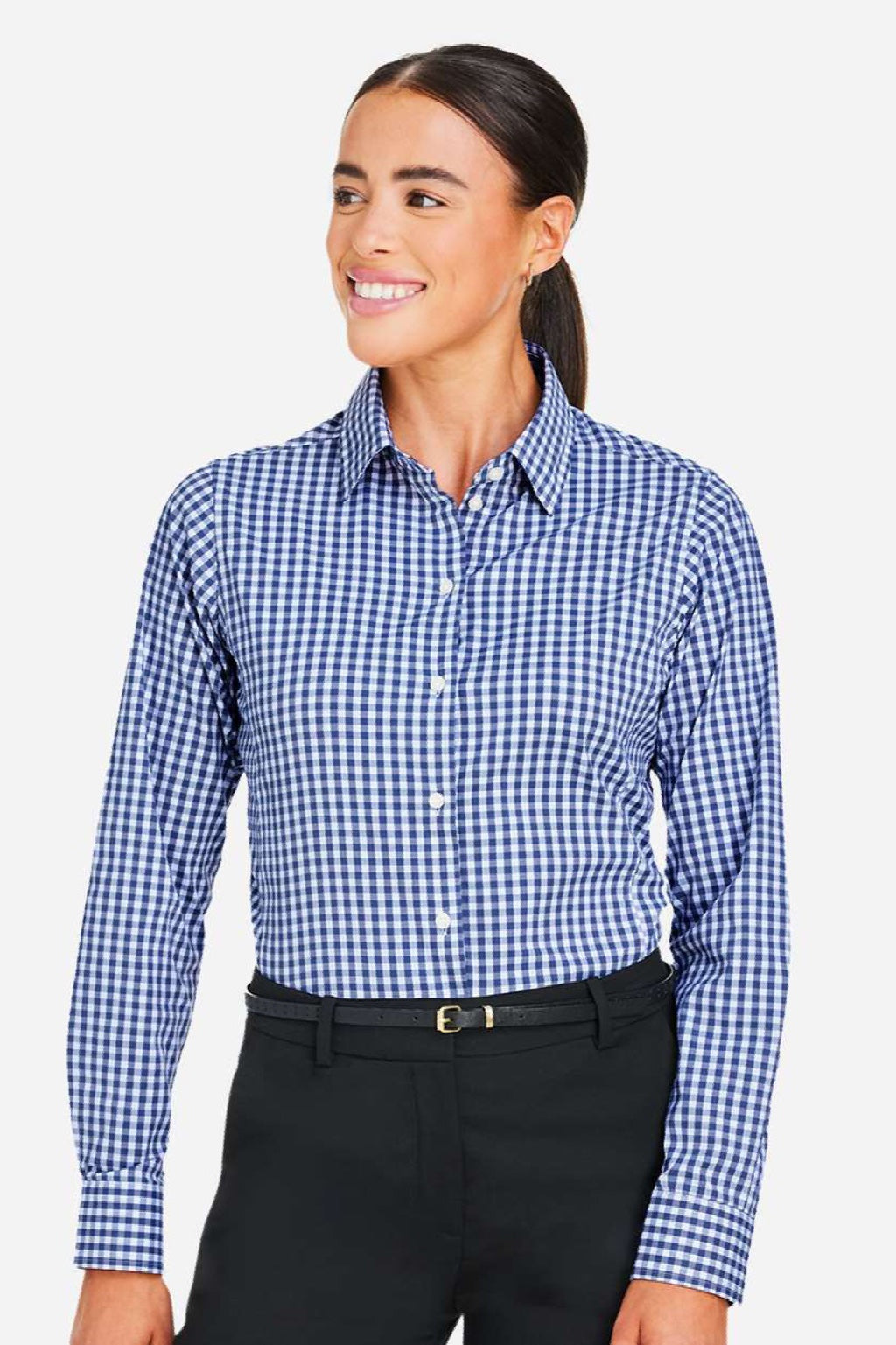 Devon & Jones DG536W Womens CrownLux Performance Gingham Long Sleeve Button Down Shirt Navy Blue/White Model Front
