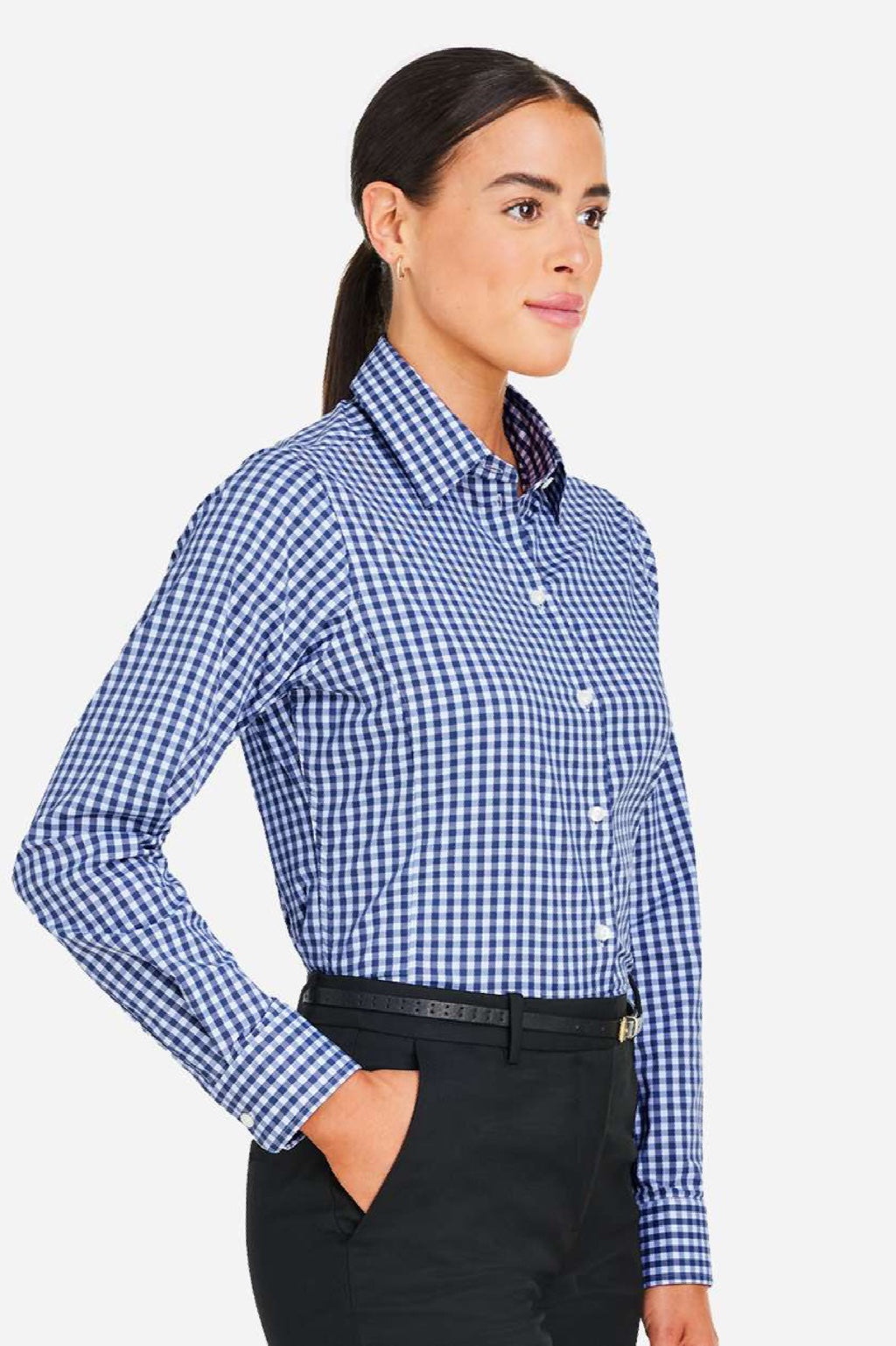 Devon & Jones DG536W Womens CrownLux Performance Gingham Long Sleeve Button Down Shirt Navy Blue/White Model Side