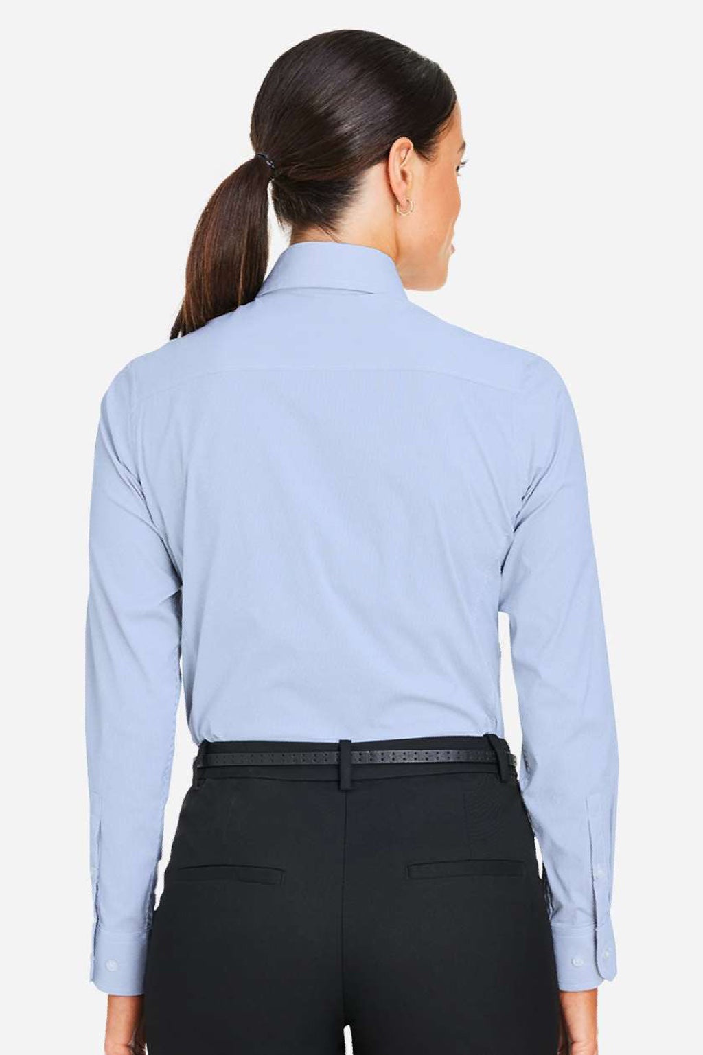 Devon & Jones DG537W Womens CrownLux Performance Microstripe Long Sleeve Button Down Shirt French Blue/White Model Back