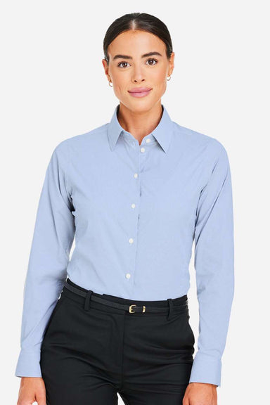Devon & Jones DG537W Womens CrownLux Performance Microstripe Long Sleeve Button Down Shirt French Blue/White Model Front