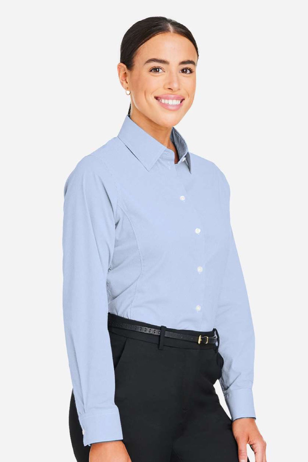 Devon & Jones DG537W Womens CrownLux Performance Microstripe Long Sleeve Button Down Shirt French Blue/White Model Side