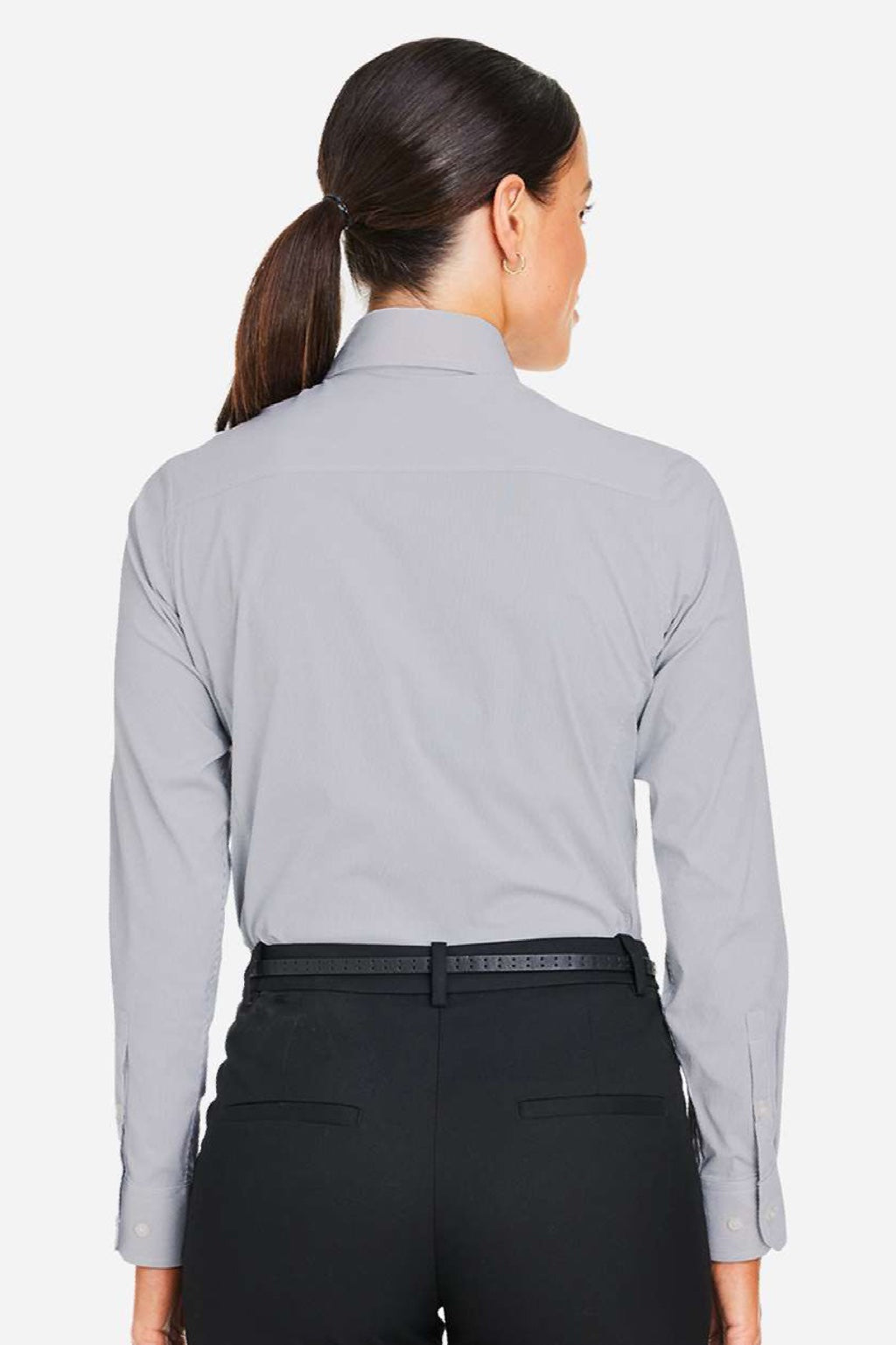 Devon & Jones DG537W Womens CrownLux Performance Microstripe Long Sleeve Button Down Shirt Graphite Grey/White Model Back