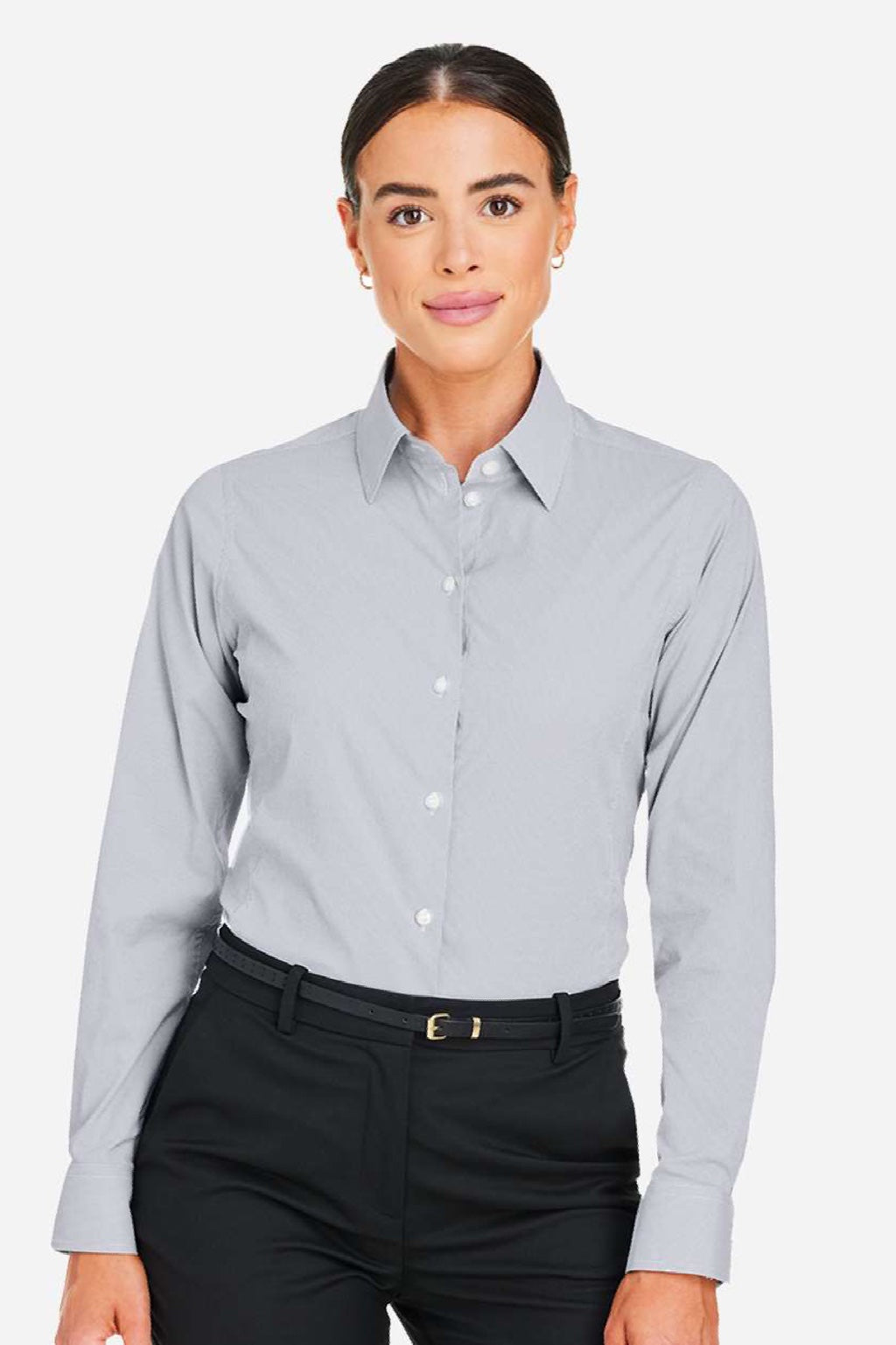 Devon & Jones DG537W Womens CrownLux Performance Microstripe Long Sleeve Button Down Shirt Graphite Grey/White Model Front