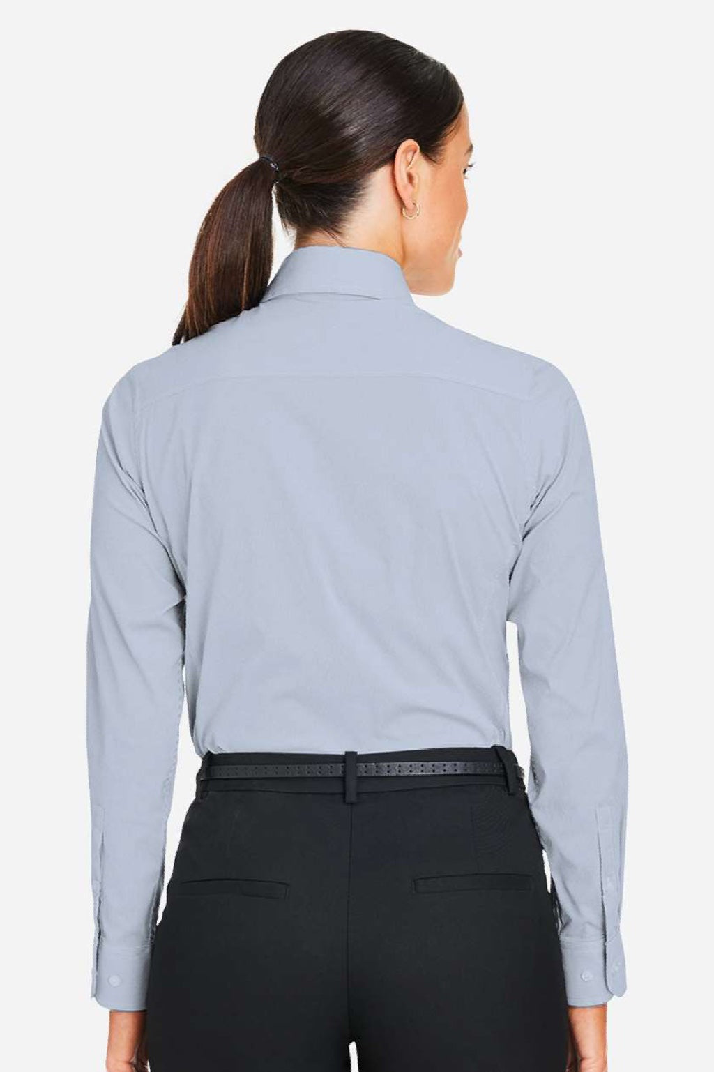 Devon & Jones DG537W Womens CrownLux Performance Microstripe Long Sleeve Button Down Shirt Navy Blue/White Model Back