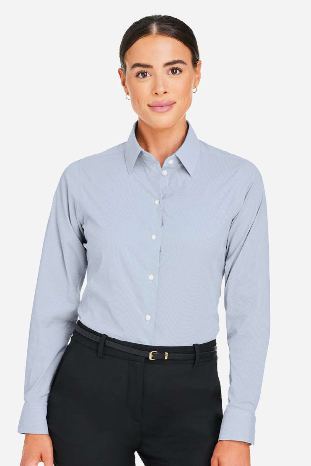 Devon & Jones DG537W Womens CrownLux Performance Microstripe Long Sleeve Button Down Shirt Navy Blue/White Model Front