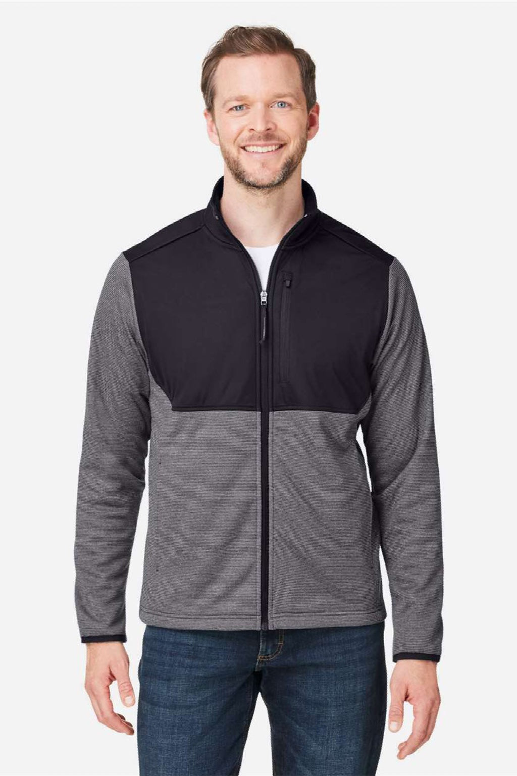 Core 365 CE74 Mens Venture Heathered Stripe Hybrid Full Zip Jacket Black/White Model Front