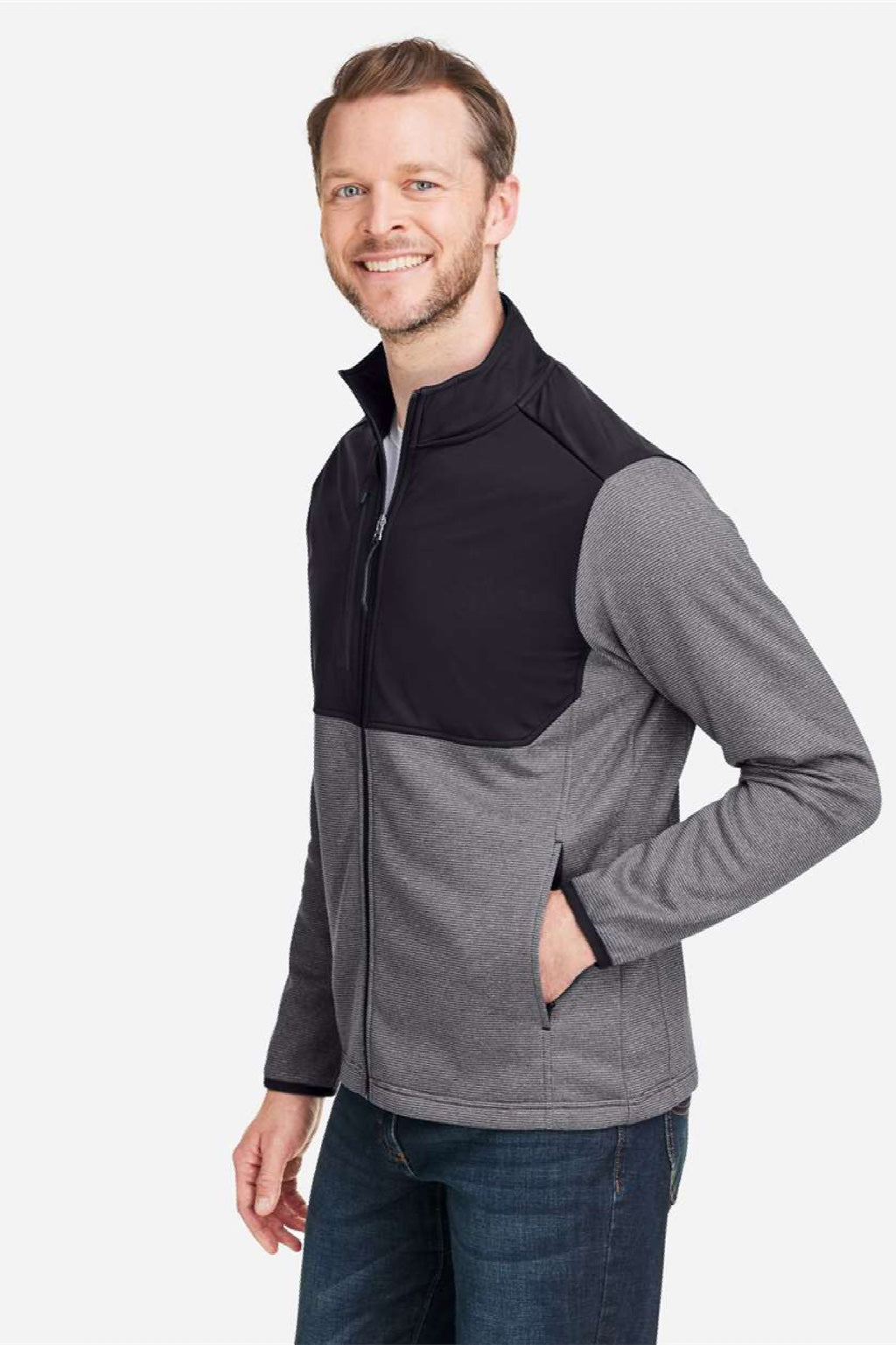 Core 365 CE74 Mens Venture Heathered Stripe Hybrid Full Zip Jacket Black/White Model Side