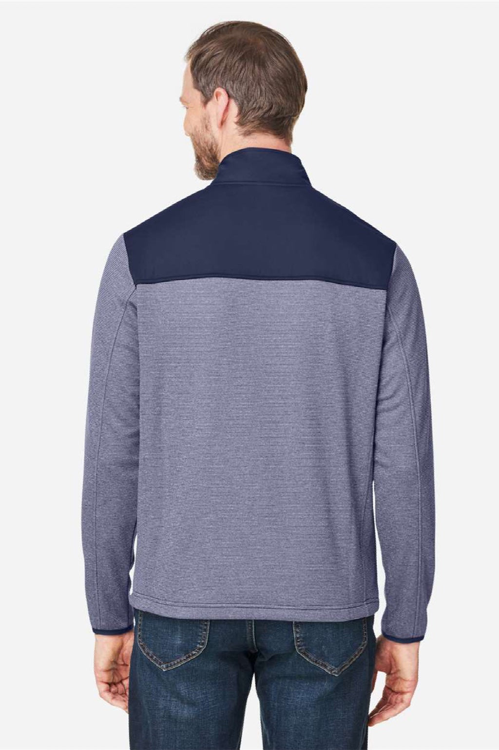 Core 365 CE74 Mens Venture Heathered Stripe Hybrid Full Zip Jacket Classic Navy Blue/White Model Back