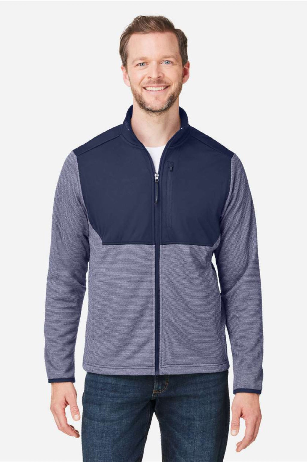 Core 365 CE74 Mens Venture Heathered Stripe Hybrid Full Zip Jacket Classic Navy Blue/White Model Front