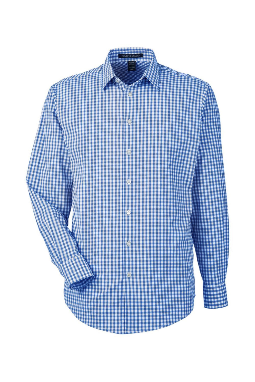 Devon & Jones DG536 Mens CrownLux Performance Gingham Long Sleeve Button Down Shirt French Blue/White Flat Front