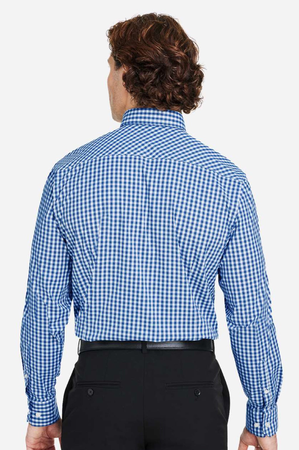 Devon & Jones DG536 Mens CrownLux Performance Gingham Long Sleeve Button Down Shirt French Blue/White Model Back