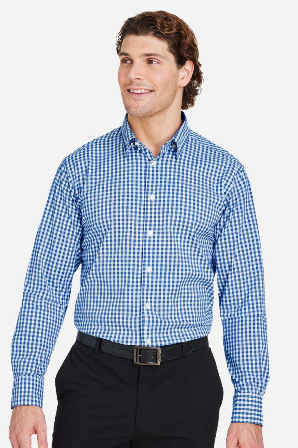 Devon & Jones DG536 Mens CrownLux Performance Gingham Long Sleeve Button Down Shirt French Blue/White Model Front