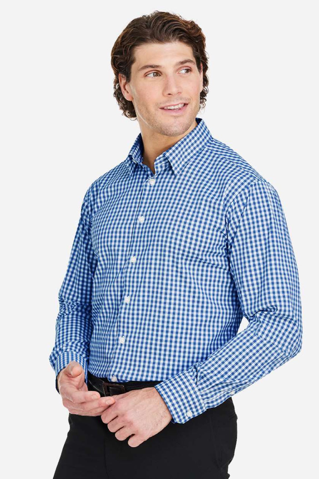 Devon & Jones DG536 Mens CrownLux Performance Gingham Long Sleeve Button Down Shirt French Blue/White Model Side