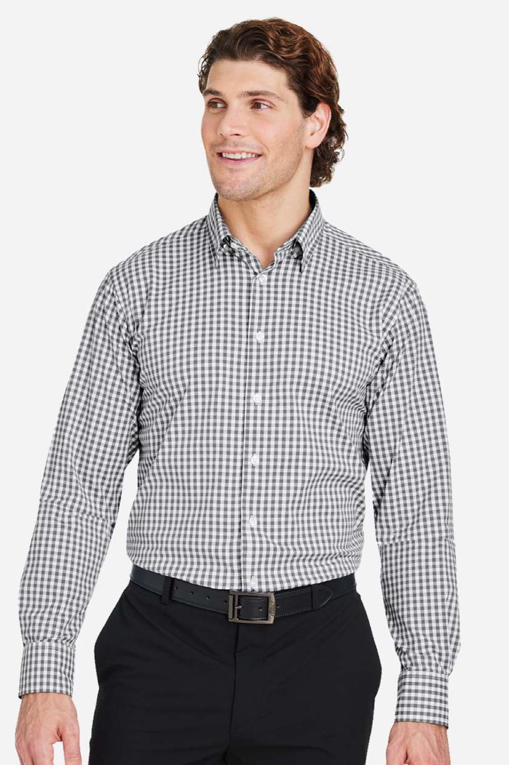 Devon & Jones DG536 Mens CrownLux Performance Gingham Long Sleeve Button Down Shirt Graphite Grey/White Model Front