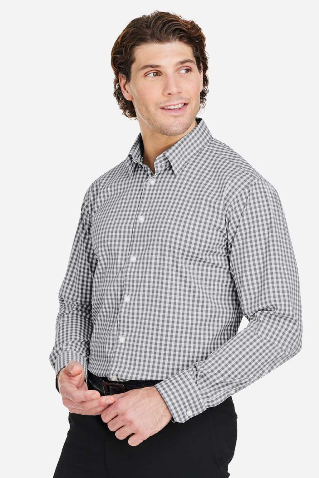 Devon & Jones DG536 Mens CrownLux Performance Gingham Long Sleeve Button Down Shirt Graphite Grey/White Model Side