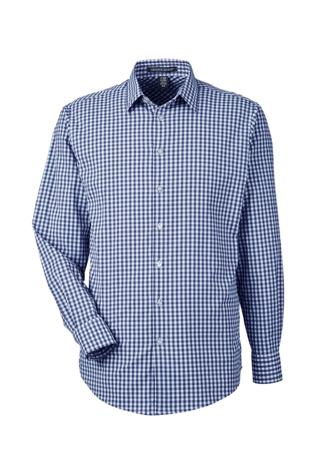 Devon & Jones DG536 Mens CrownLux Performance Gingham Long Sleeve Button Down Shirt Navy Blue/White Flat Front