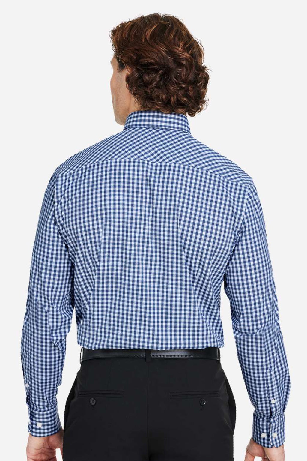 Devon & Jones DG536 Mens CrownLux Performance Gingham Long Sleeve Button Down Shirt Navy Blue/White Model Back