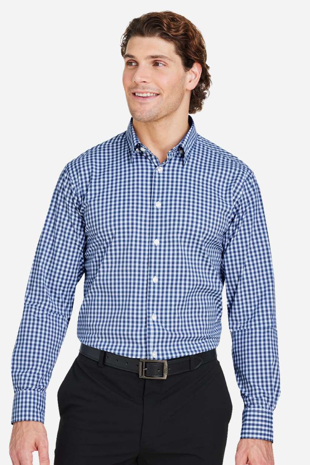 Devon & Jones DG536 Mens CrownLux Performance Gingham Long Sleeve Button Down Shirt Navy Blue/White Model Front