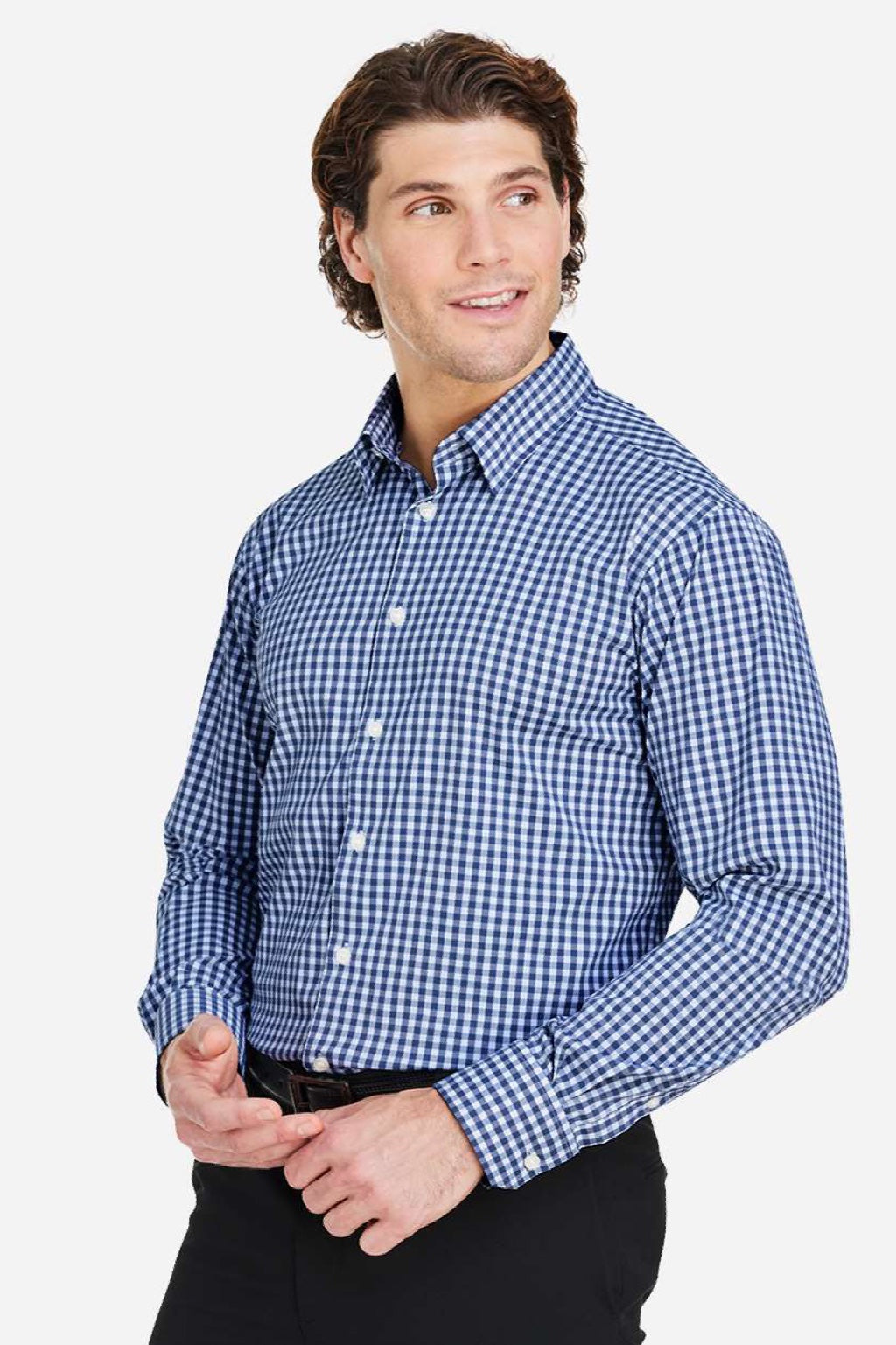 Devon & Jones DG536 Mens CrownLux Performance Gingham Long Sleeve Button Down Shirt Navy Blue/White Model Side