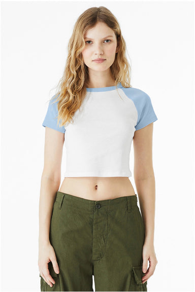 Bella + Canvas BC1201/1201 Womens Micro Ribbed Raglan Short Sleeve Crewneck Baby T-Shirt White/Baby Blue Model Front