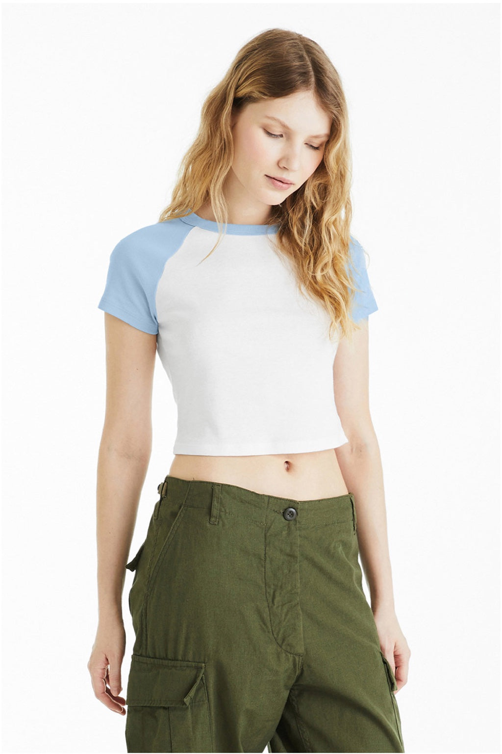 Bella + Canvas BC1201/1201 Womens Micro Ribbed Raglan Short Sleeve Crewneck Baby T-Shirt White/Baby Blue Model Side