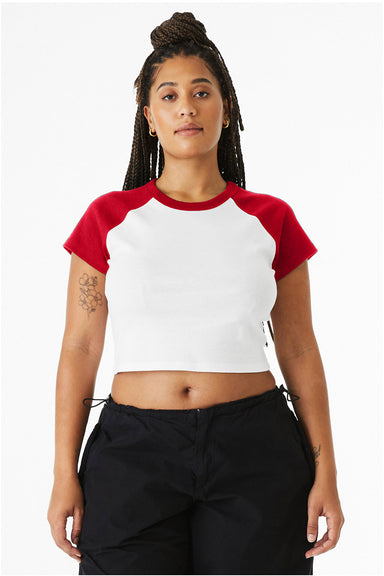 Bella + Canvas 1201 Womens Micro Ribbed Raglan Short Sleeve Crewneck Baby T-Shirt White/Red Model Front
