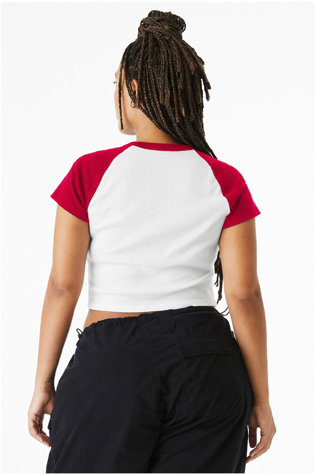 Bella + Canvas BC1201/1201 Womens Micro Ribbed Raglan Short Sleeve Crewneck Baby T-Shirt White/Red Model Back