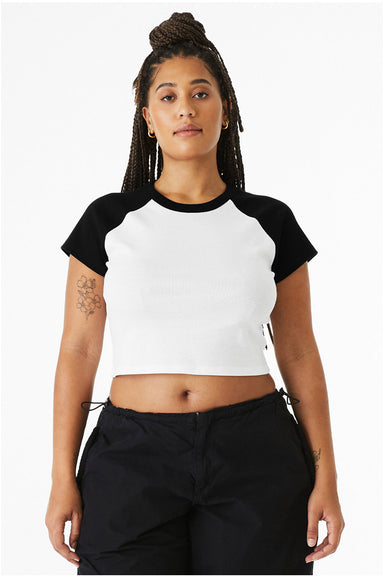 Bella + Canvas 1201 Womens Micro Ribbed Raglan Short Sleeve Crewneck Baby T-Shirt White/Black Model Front