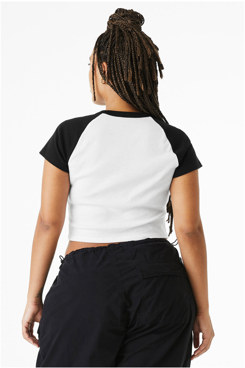 Bella + Canvas 1201 Womens Micro Ribbed Raglan Short Sleeve Crewneck Baby T-Shirt White/Black Model Back