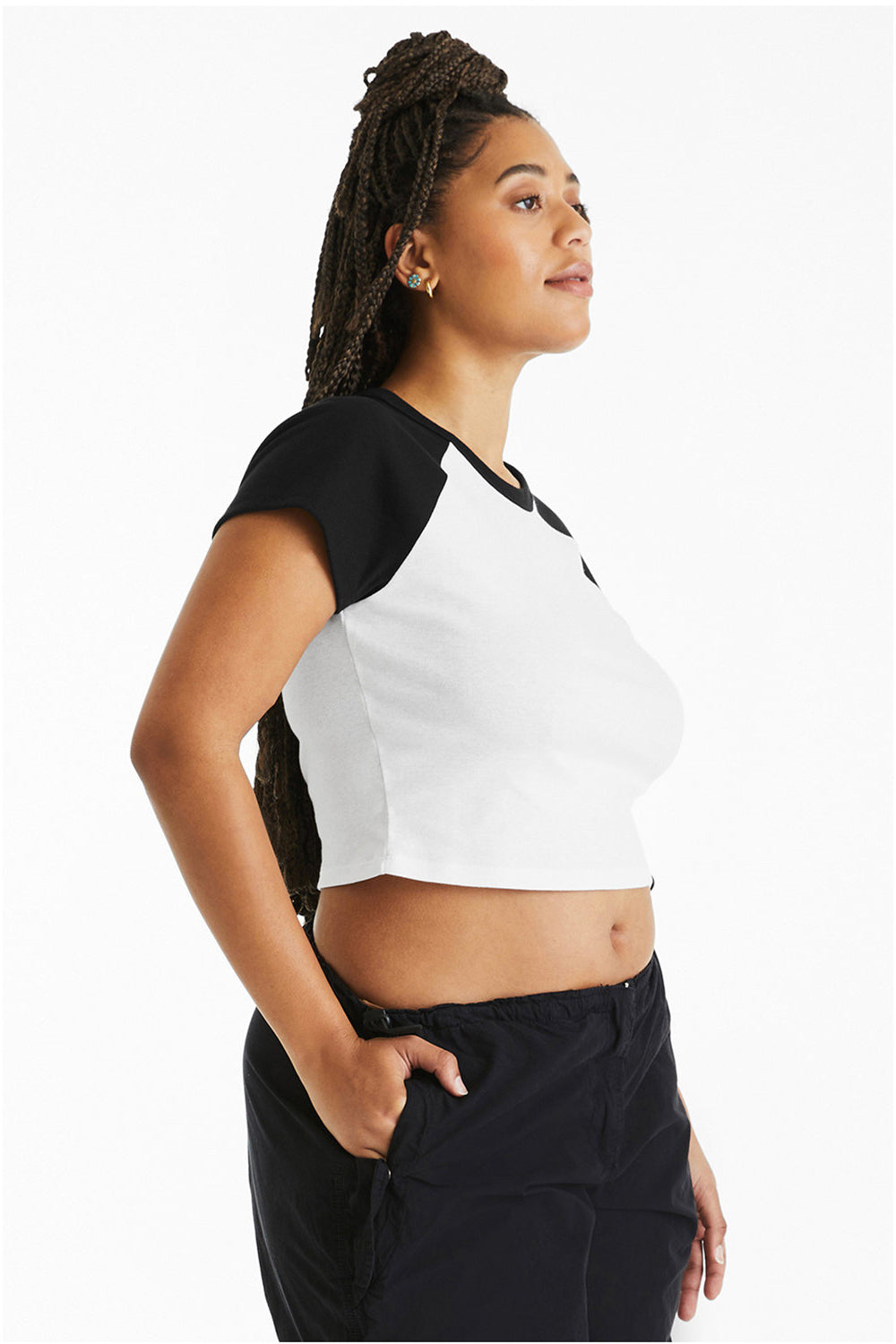 Bella + Canvas 1201 Womens Micro Ribbed Raglan Short Sleeve Crewneck Baby T-Shirt White/Black Model Side