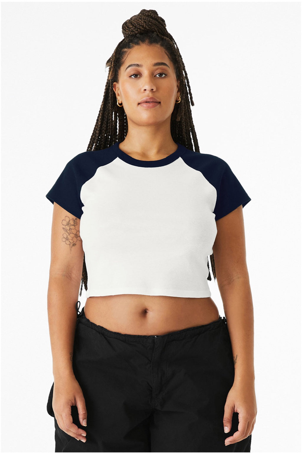 Bella + Canvas BC1201/1201 Womens Micro Ribbed Raglan Short Sleeve Crewneck Baby T-Shirt White/Navy Blue Model Front