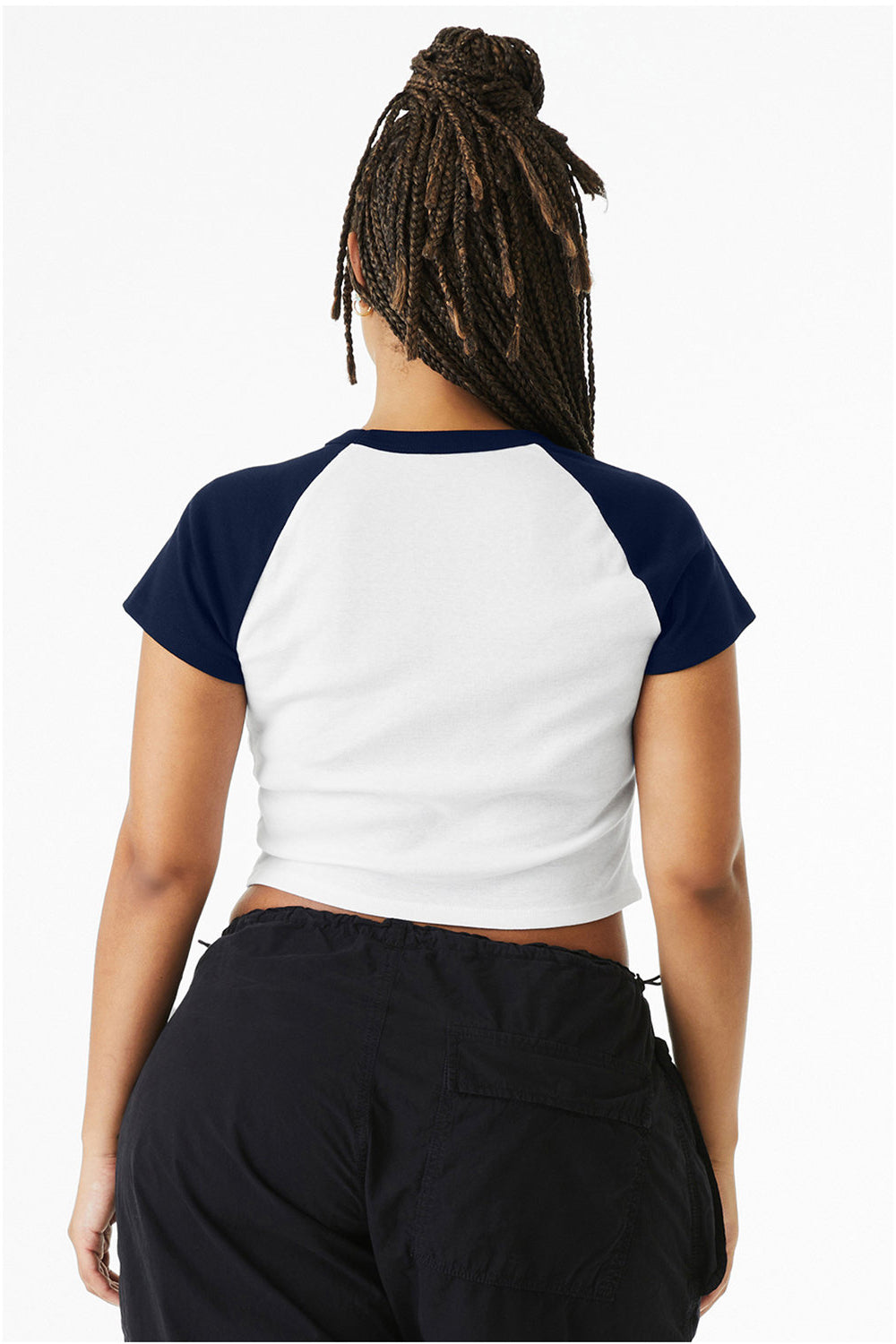 Bella + Canvas 1201 Womens Micro Ribbed Raglan Short Sleeve Crewneck Baby T-Shirt White/Navy Blue Model Back
