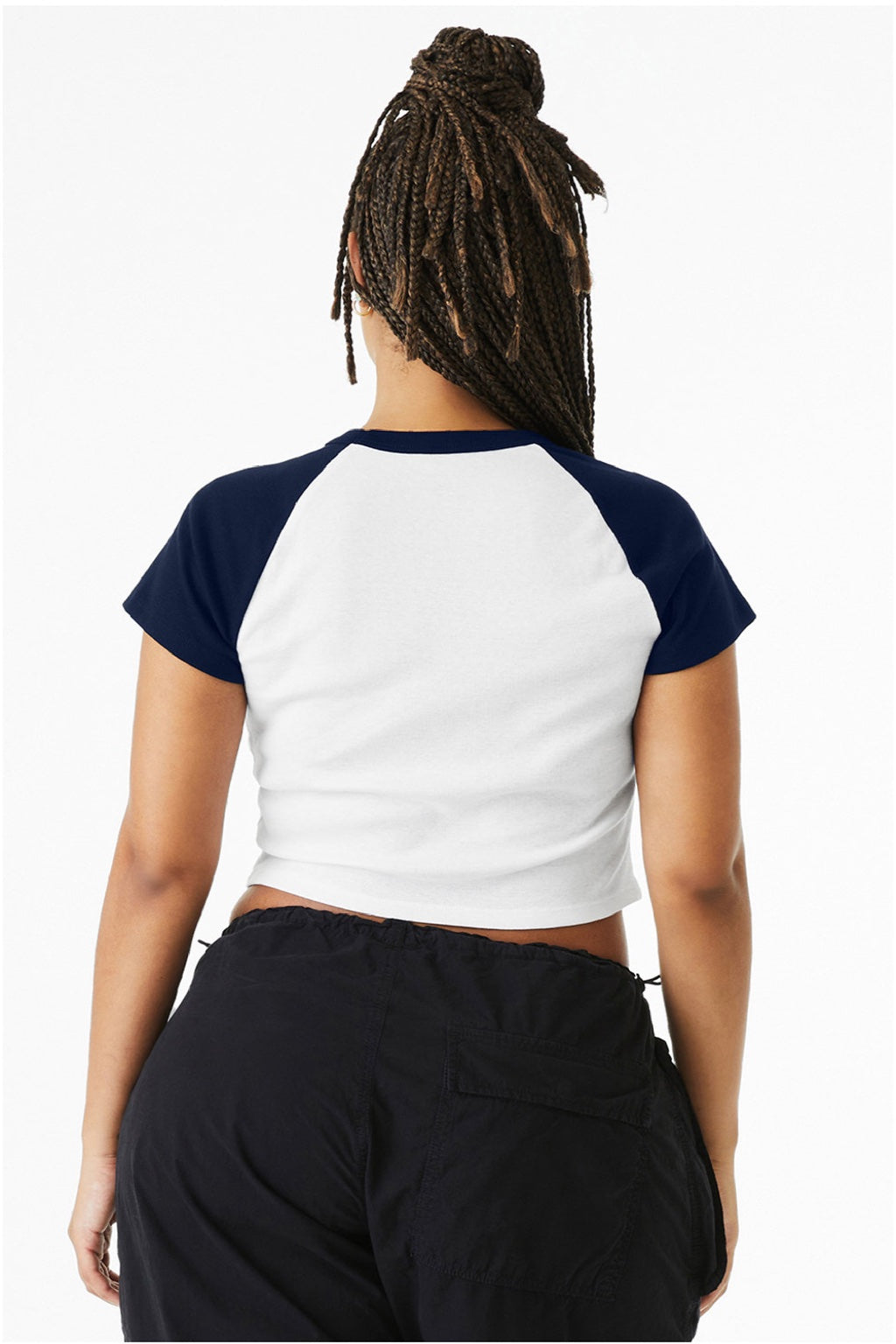 Bella + Canvas BC1201/1201 Womens Micro Ribbed Raglan Short Sleeve Crewneck Baby T-Shirt White/Navy Blue Model Back