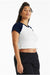 Bella + Canvas BC1201/1201 Womens Micro Ribbed Raglan Short Sleeve Crewneck Baby T-Shirt White/Navy Blue Model Side