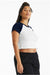 Bella + Canvas 1201 Womens Micro Ribbed Raglan Short Sleeve Crewneck Baby T-Shirt White/Navy Blue Model Side