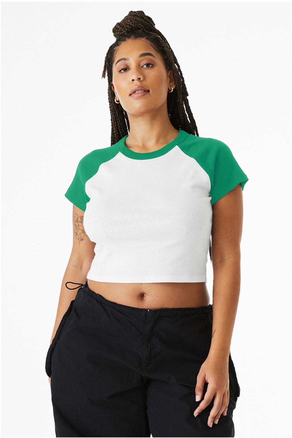 Bella + Canvas BC1201/1201 Womens Micro Ribbed Raglan Short Sleeve Crewneck Baby T-Shirt White/Kelly Green Model Front