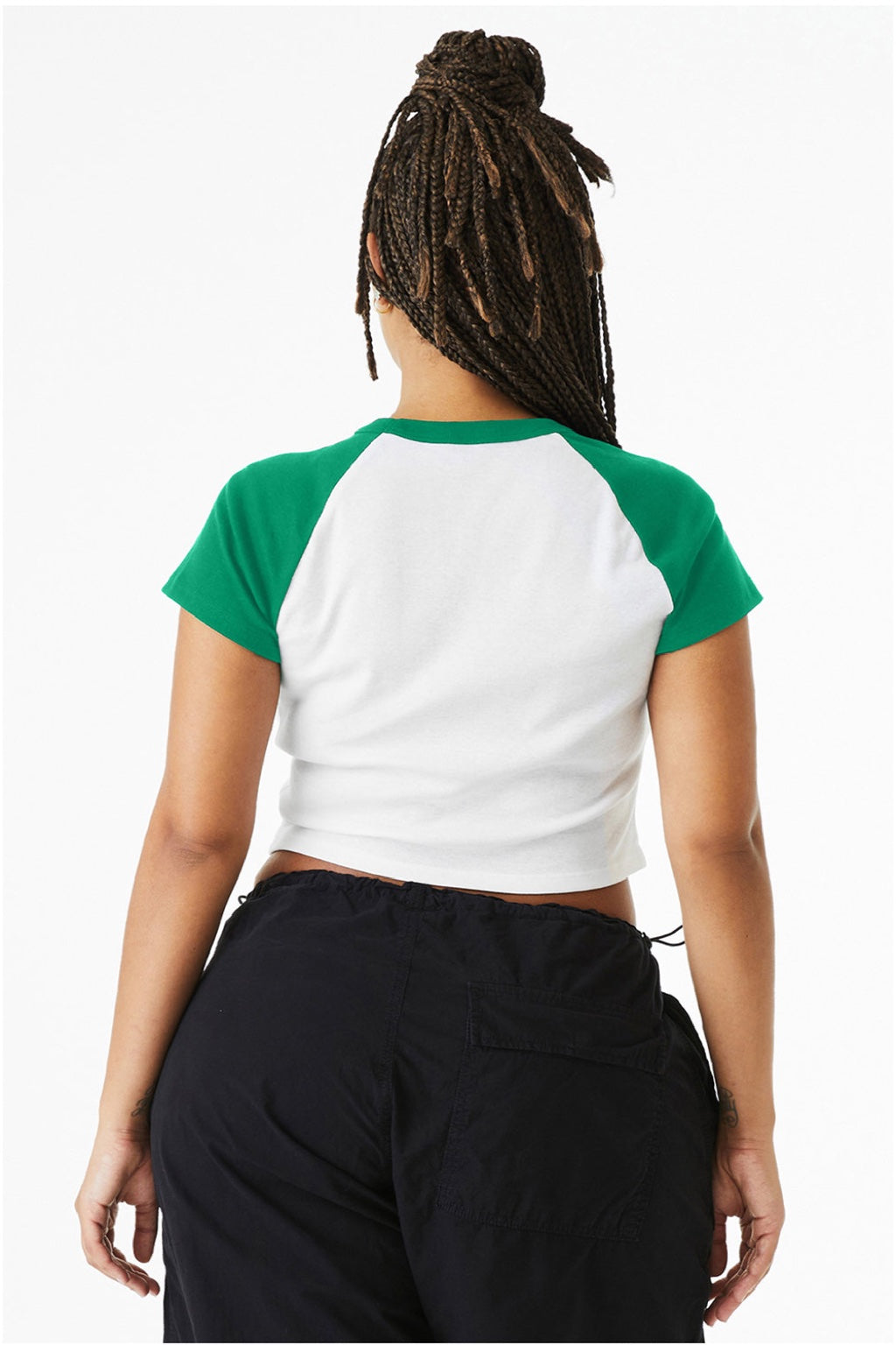 Bella + Canvas BC1201/1201 Womens Micro Ribbed Raglan Short Sleeve Crewneck Baby T-Shirt White/Kelly Green Model Back