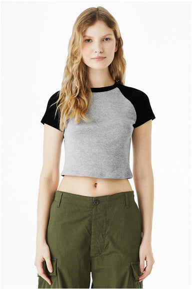 Bella + Canvas 1201 Womens Micro Ribbed Raglan Short Sleeve Crewneck Baby T-Shirt Heather Grey/Black Model Front