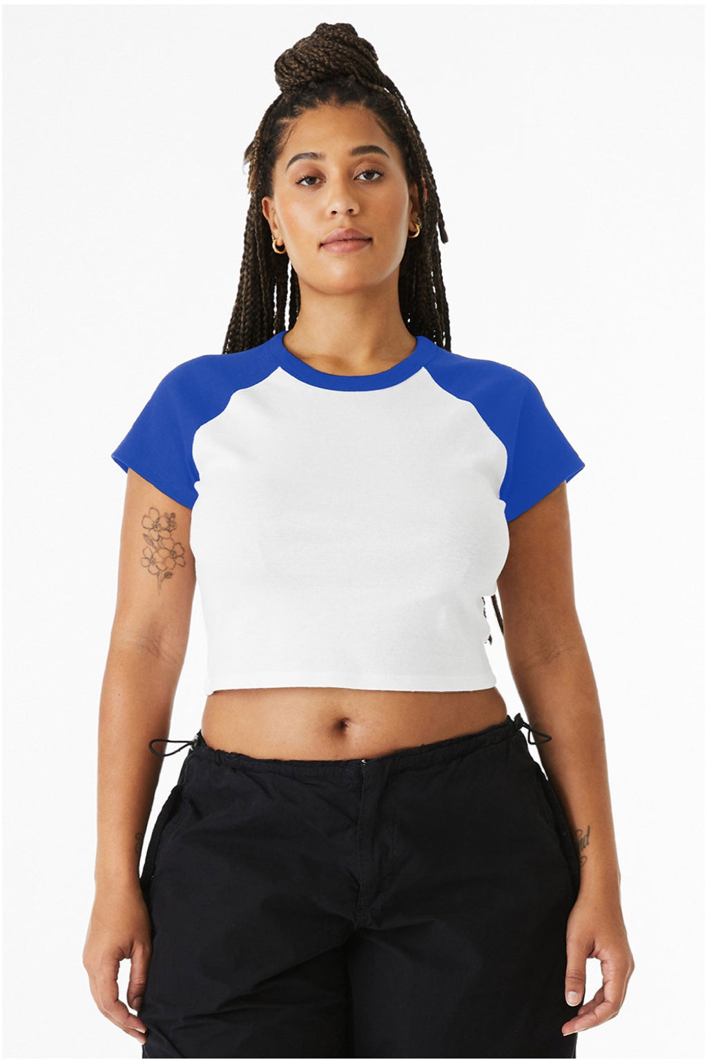 Bella + Canvas BC1201/1201 Womens Micro Ribbed Raglan Short Sleeve Crewneck Baby T-Shirt White/True Royal Blue Model Front