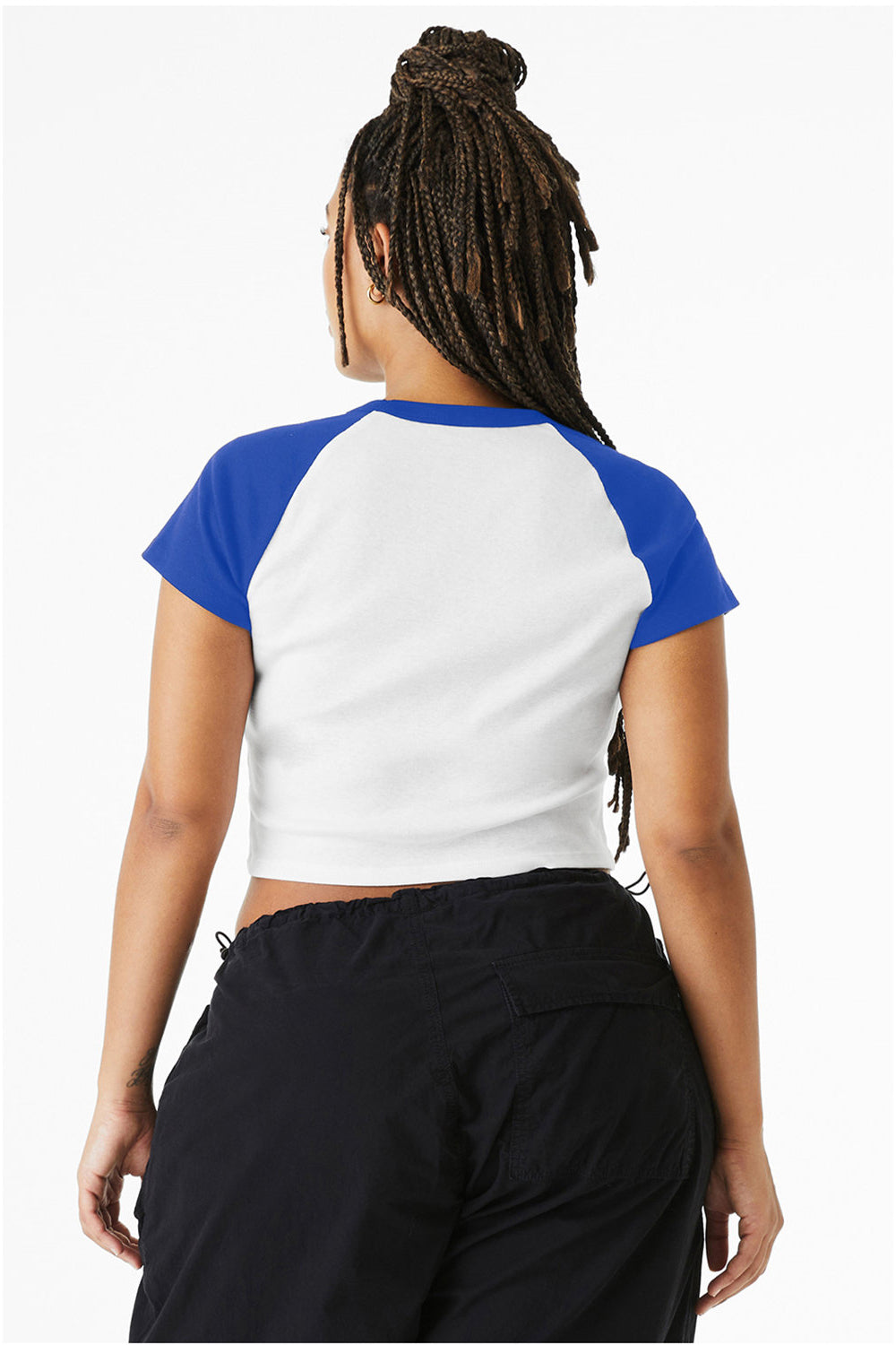 Bella + Canvas 1201 Womens Micro Ribbed Raglan Short Sleeve Crewneck Baby T-Shirt White/True Royal Blue Model Back