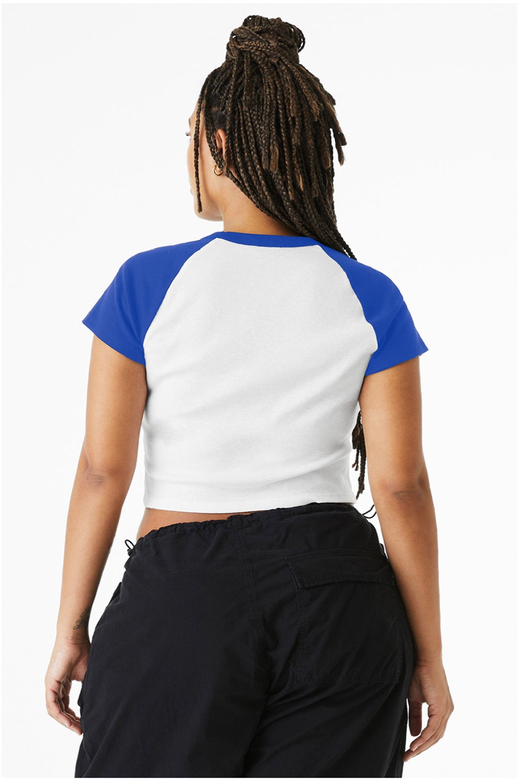 Bella + Canvas BC1201/1201 Womens Micro Ribbed Raglan Short Sleeve Crewneck Baby T-Shirt White/True Royal Blue Model Back