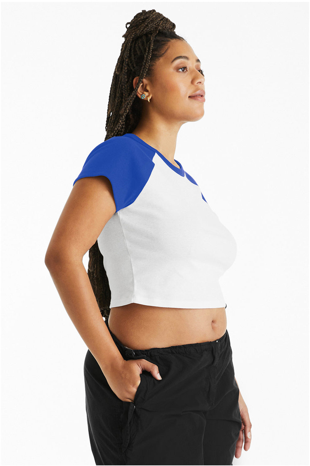 Bella + Canvas 1201 Womens Micro Ribbed Raglan Short Sleeve Crewneck Baby T-Shirt White/True Royal Blue Model Side
